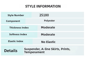 Size chart for floral bohemian maxi dress showing polyester material and A-line style