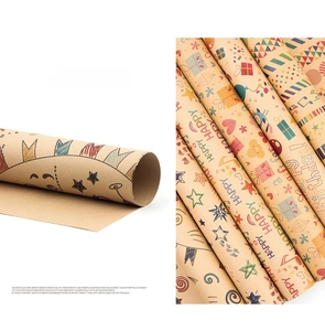 Detailed macro view of brown kraft wrapping paper with music notes and star prints