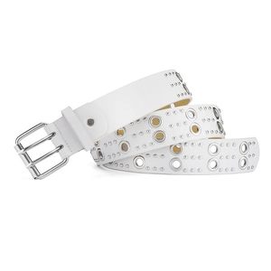 Detail shot of white punk belt with silver double-prong buckle and metal grommet studs