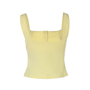 Close-up of yellow square-neck vest featuring rear button-down detail and knit texture