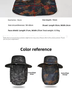 Detailed size chart for camouflage sun hat showing brim, crown, and flap measurements