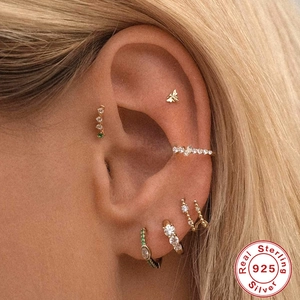Classic 925 sterling silver gold hoop earrings with green emerald and bee studs
