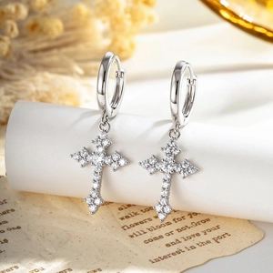 Micro Pave Zircon Cross Pendant Hoop Earrings Copper Silver Color Vintage Punk Style Unisex Niche Design Huggies