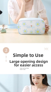 Detail of white translucent daisy print makeup bag with blue handle and zip closure