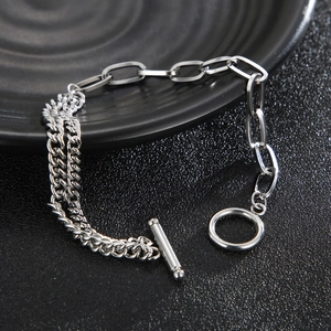 Silver stainless steel double-layered Cuban chain bracelet with creative OT clasp