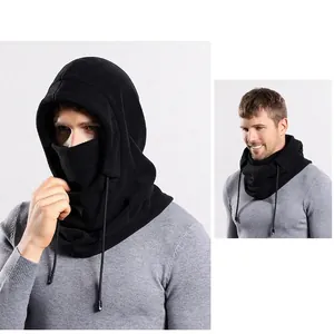 Winter thermal balaclava for cycling and skiing with adjustable drawstring in black fleece
