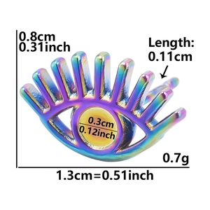 Detail view of colorful eye-shaped stud earring with specific size and weight dimensions