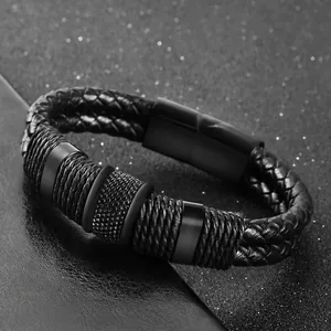 Men's double-layered black woven leather bracelet with magnetic clasp and metal beads
