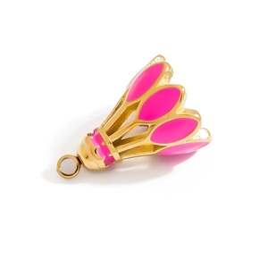 Pink and gold badminton shuttlecock pendant with enamel details for DIY jewelry