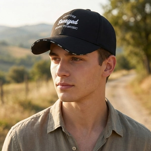 Outdoor black cotton baseball cap with white letter embroidery and extended visor for sun protection