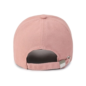 Pink cotton baseball cap back view with adjustable silver metal buckle on white background