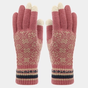 Détail de gants tricotés roses avec motif Fair Isle et bouts de doigts tactiles
