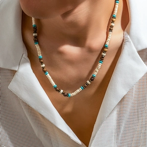 Men Beaded Necklace With Wood Turquoise And Coconut Shell Bohemian Ethnic Surfer Style Handmade Jewelry Gift For Him