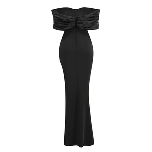 Detail of off-shoulder neckline with satin pleats on a black evening gown dress
