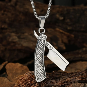 Men's retro stainless steel razor pendant necklace with textured handle and box chain