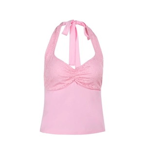 Chic pink halter neck top with delicate floral lace patchwork and backless tie detail
