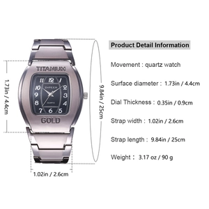 Detail view of tonneau quartz watch showing 44mm dial dimensions and technical specs