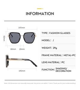 Size chart showing dimensions for metal fashion sunglasses including 147mm total width and 55mm height