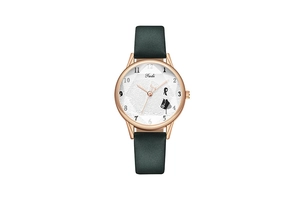 Elegante orologio al quarzo da donna con cinturino in pelle verde scuro e quadrante decorato