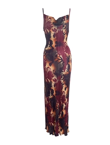 Close-up of plissé fabric texture and cowl neck detail on floral burgundy camisole dress