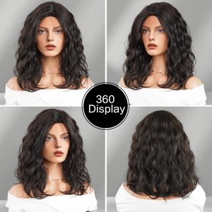 360-degree view of a medium-long wavy synthetic wig in dark brown on a mannequin