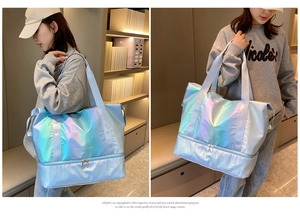 Laser holographic travel bag with dry-wet separation and dual-layer bottom design