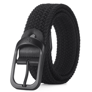 Ceinture tressée noire élastique avec boucle en métal mat et finitions en cuir noir