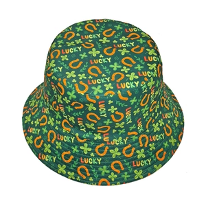 Green St. Patrick's Day bucket hat with lucky shamrock and horseshoe all-over print