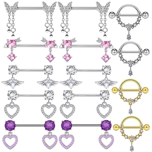 Stainless Steel Nipple Rings Heart Butterfly Wings Cubic Zirconia Barbell Body Piercing Jewelry For Women Fashionable