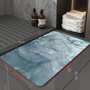 Detail shot of 80x50cm marble pattern bathroom mat showing blue grey texture and size