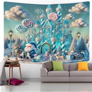 Detail view of fantasy Christmas tapestry with Santa and ice castle on a modern living room wall