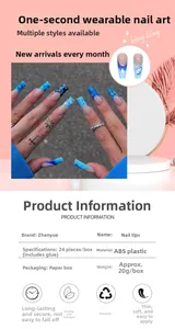 Blue long coffin press on nails featuring hand-painted smiles and heart patterns