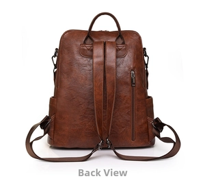 Detailed back view of dark brown vintage backpack featuring secure zipper and side pockets