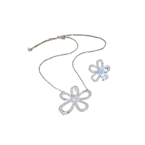 Sparkling floral pendant necklace and stud earring set with silver finish and pavé stones