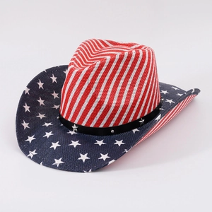 Detail of western cowboy hat featuring silver stars on a black band with US flag pattern