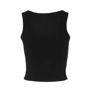Detailed back view showing the vertical ribbed knit texture of this slim black U-neck tank top