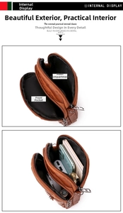 Detail of multi-compartment brown leather crossbody bag with dual zipper structure