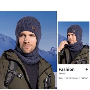 Winter thermal knit beanie and neck warmer set with fleece lining for outdoor hiking