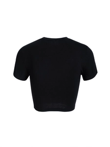 Rear view of sleek black Y2K style cropped t-shirt in premium cotton fabric