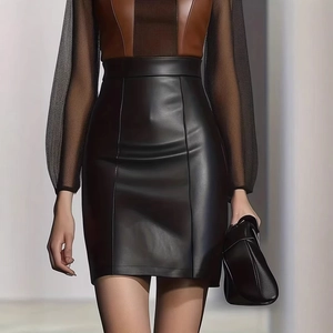 Women's high waist black PU leather bodycon skirt for professional commuting style