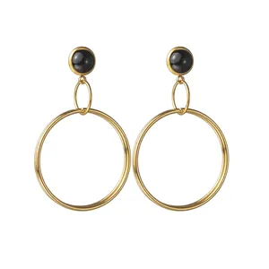 French Vintage Stainless Steel Hoop Earrings For Women Gold Plated Geometric Circular Black Stud Drop Earrings Minimalist Jewelry