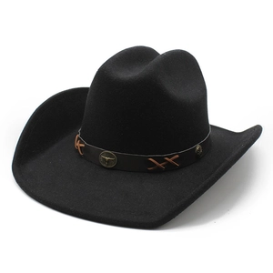 Classic black wool felt cowboy hat with leather strap and vintage metal bull head emblem