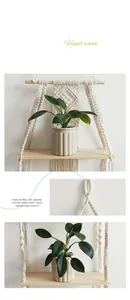 Detail of hand-woven cotton macrame wall hanging shelf with natural wooden board