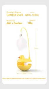 Detailed view of yellow tumbler cat toy duck with white feathers and ABS material specs