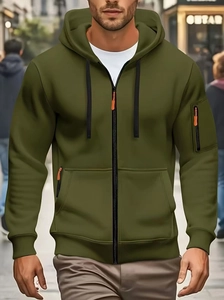 Close-up of military green men's zip hoodie with drawstring hood and sleeve pocket detail