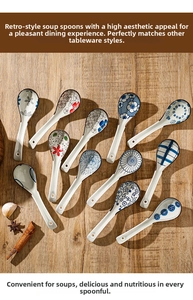 Detailed view of hand-painted blue and white ceramic soup spoons on a wooden table