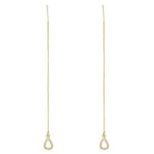 Macro shot of long gold tassel drop earrings with sparkling waterdrop zircon pendants