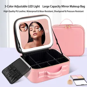 Pink PU leather makeup bag with integrated 3-color LED mirror and adjustable dividers