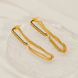 Double-layer gold tassel earrings with black enamel and diamonds on glass base