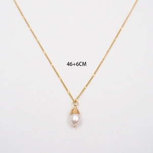Multicolor beaded necklace with teardrop pearl pendant and adjustable 46+6cm gold chain